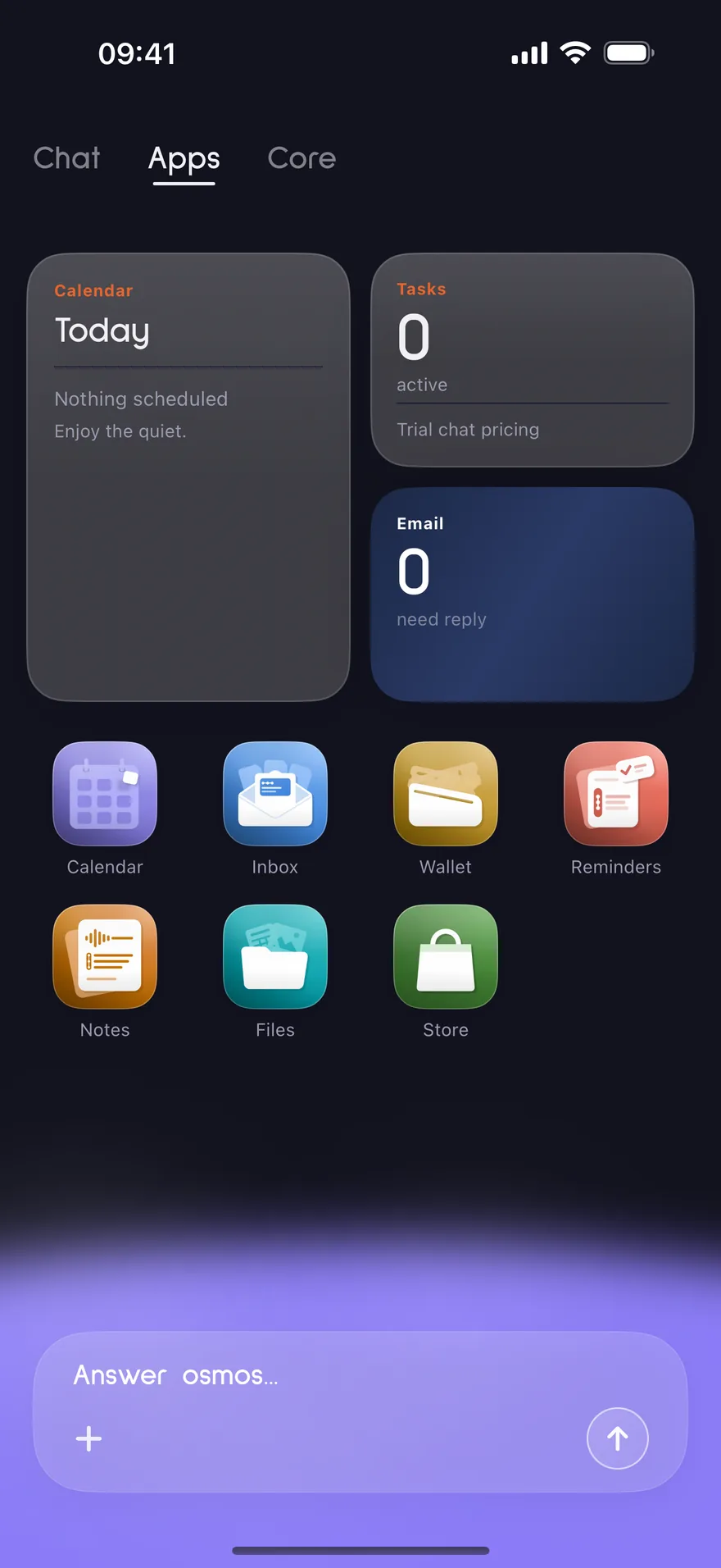 The osmos Apps tab: calendar, tasks and email widgets above Calendar, Inbox, Wallet, Reminders, Notes, Files and Store