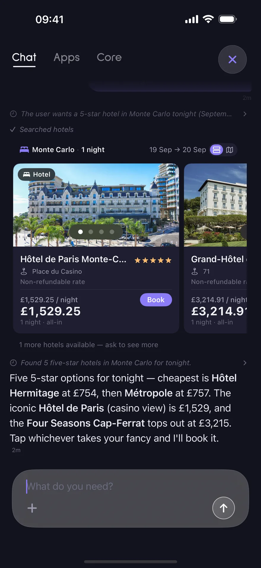 osmos showing five-star hotels in Monte Carlo with prices and a Book button