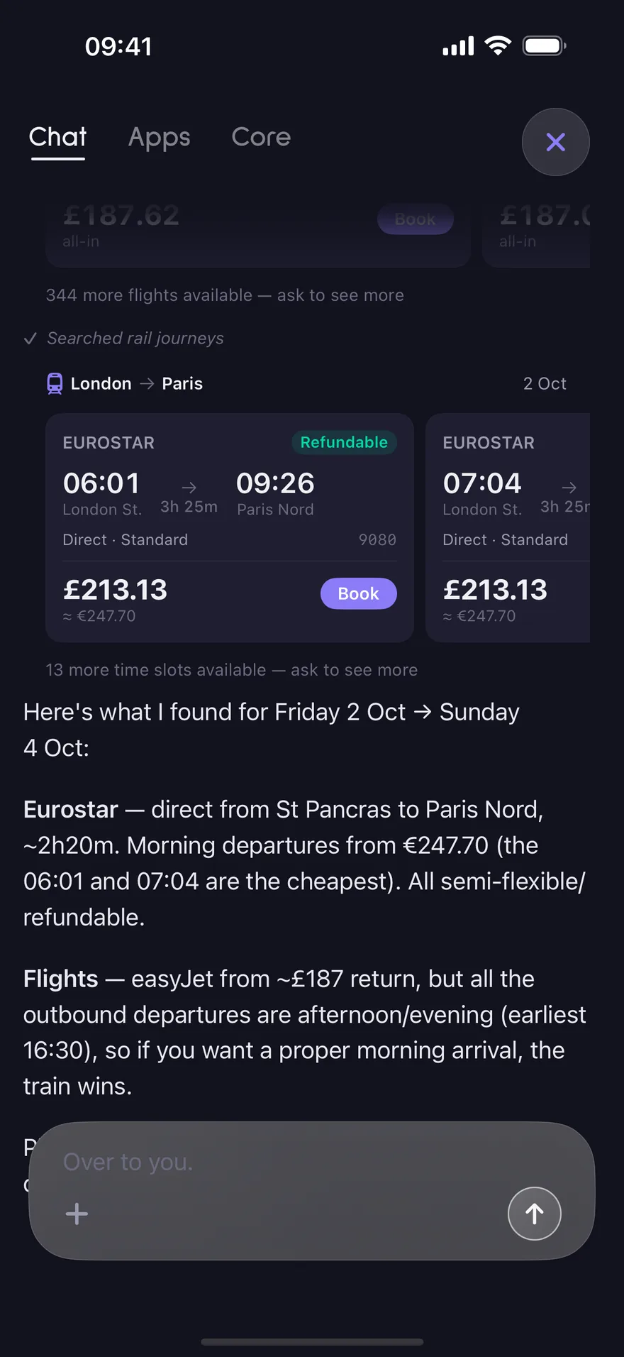 osmos showing Eurostar trains from London St Pancras to Paris Nord